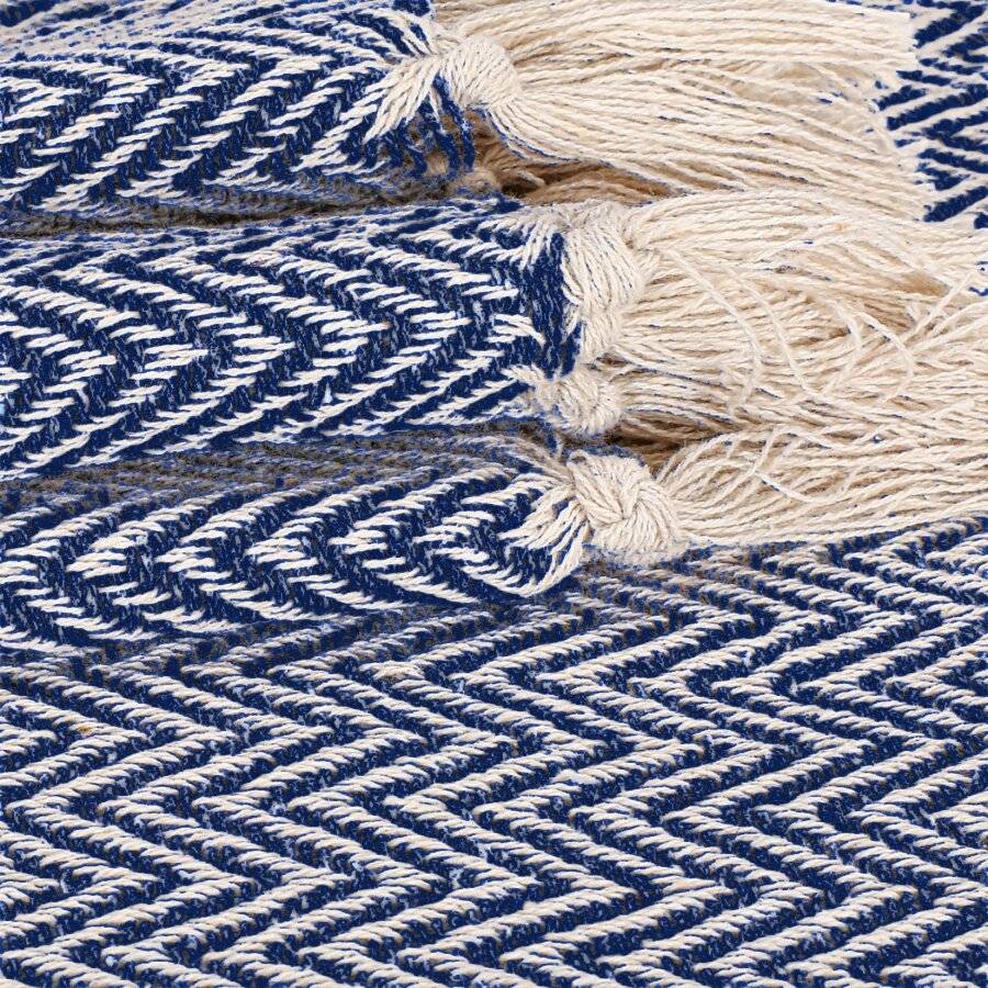 EHC Cotton Zig Zag Handwoven Single Bed or Armchair Throw - Navy Blue