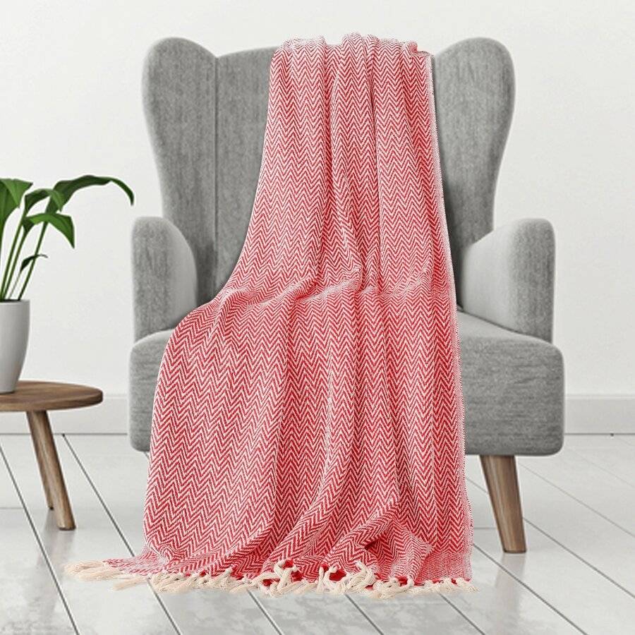 EHC Cotton Zig Zag Handwoven Single Bed or Armchair Throw - Red