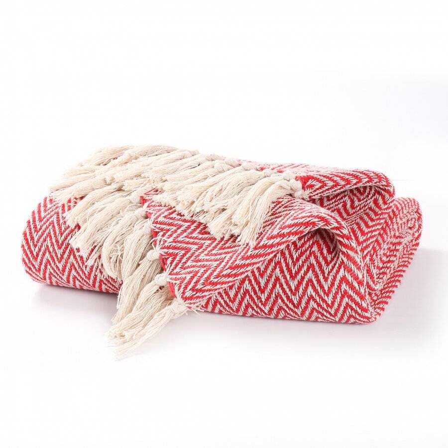 EHC Cotton Zig Zag Handwoven Single Bed or Armchair Throw - Red