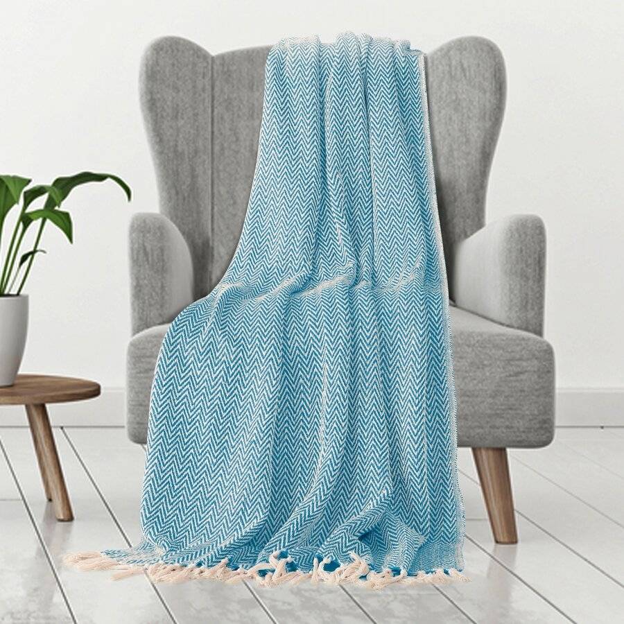 EHC Cotton Zig Zag Handwoven Single Bed or Armchair Throw - Teal