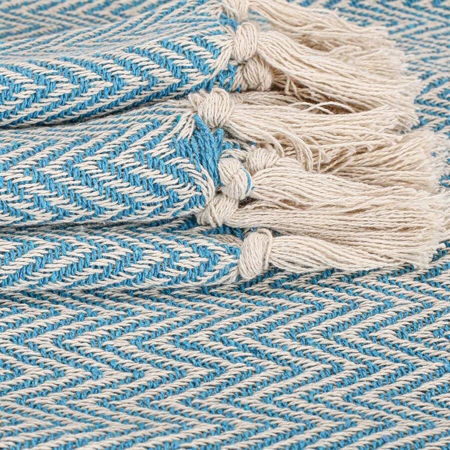 EHC Cotton Zig Zag Handwoven Single Bed or Armchair Throw - Teal