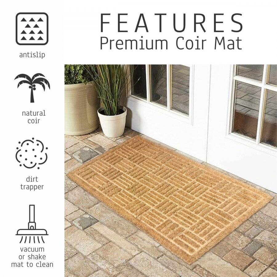 Criss-cross Embossed PVC Backed Natural Coir Entrance Doormat, 40x70cm