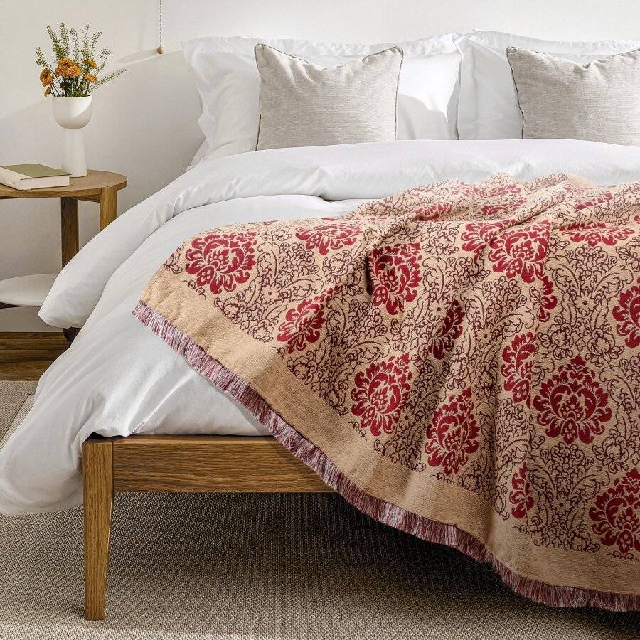 Damask Chenille Jacquard Throw For Single Bed and Armchair - Beige