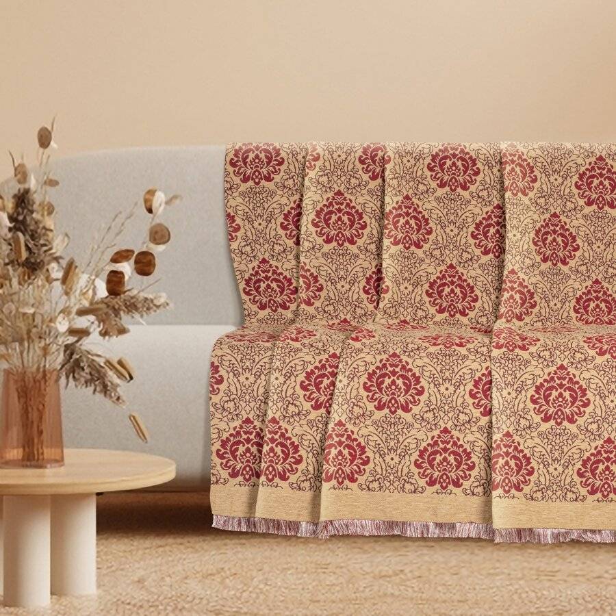 Damask Chenille Jacquard Throw For Single Bed and Armchair - Beige