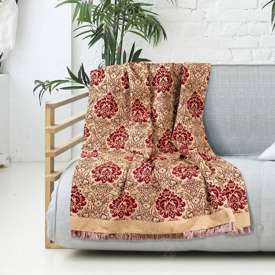 Damask Chenille Jacquard Throw For Single Bed and Armchair - Beige
