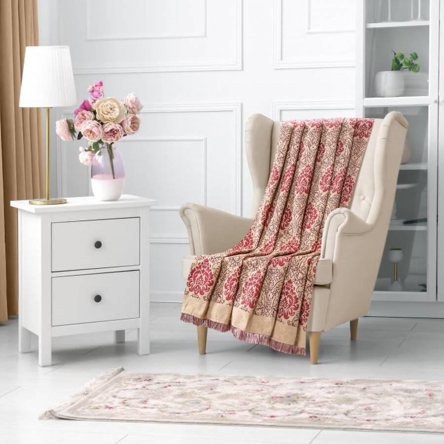Damask Chenille Jacquard Throw For Single Bed and Armchair - Beige