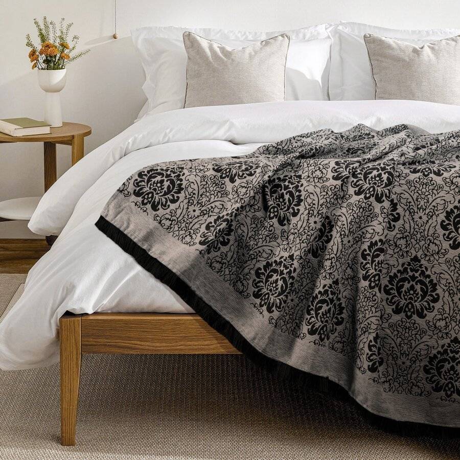 Damask Chenille Jacquard Throw For Single Bed and Armchair - Smoke