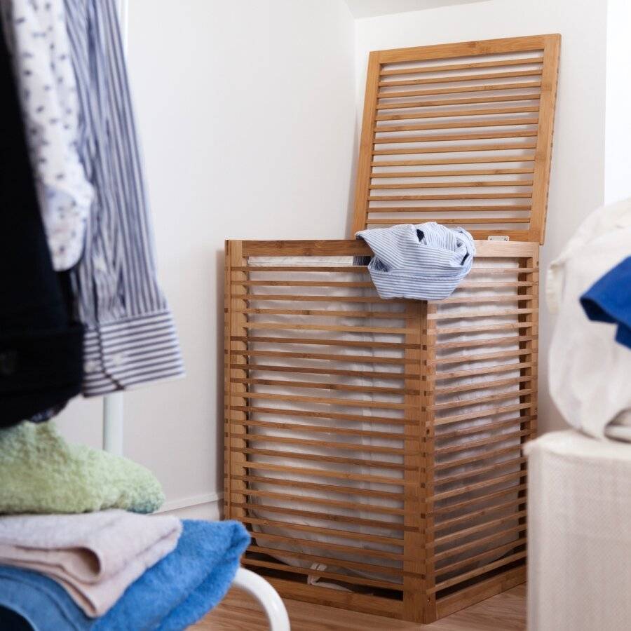 Durable Bamboo Wood, Laundry Storage Basket With Lining
