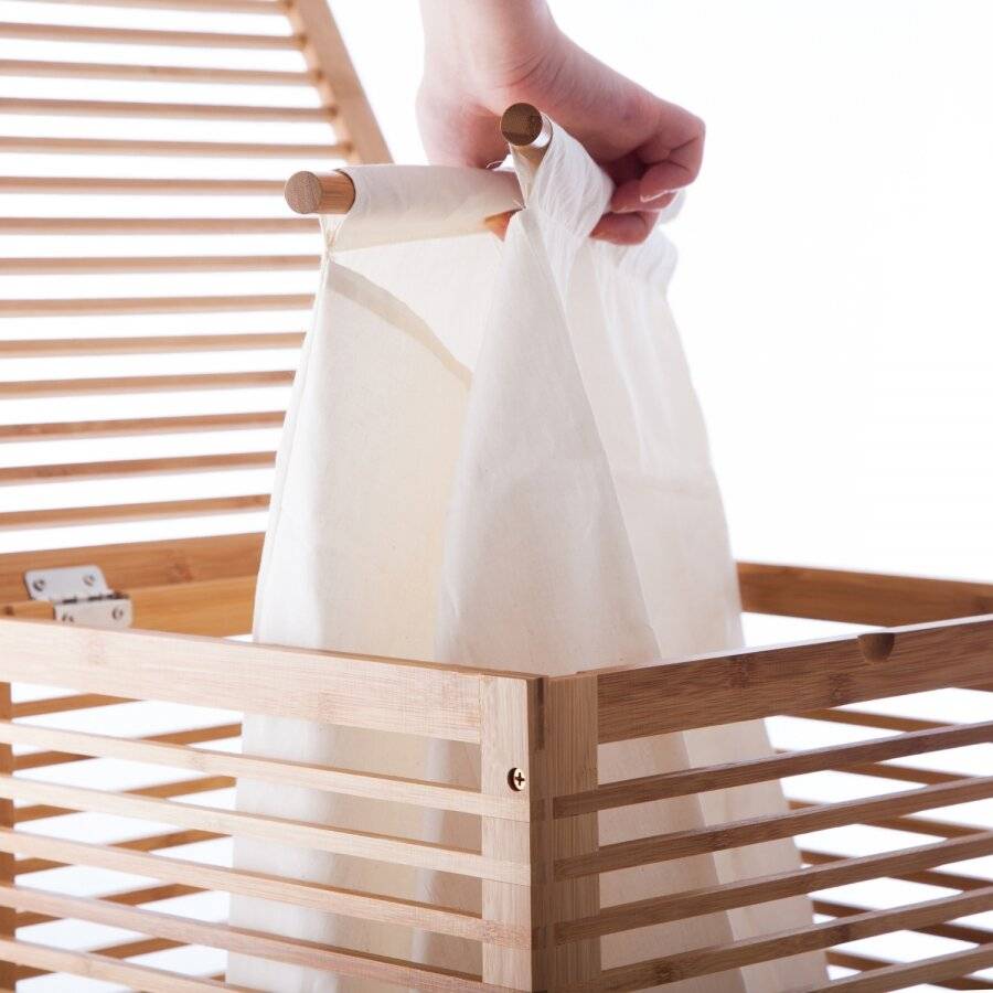 Durable Bamboo Wood, Laundry Storage Basket With Lining
