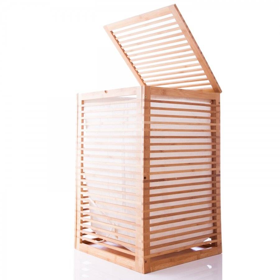Durable Bamboo Wood, Laundry Storage Basket With Lining