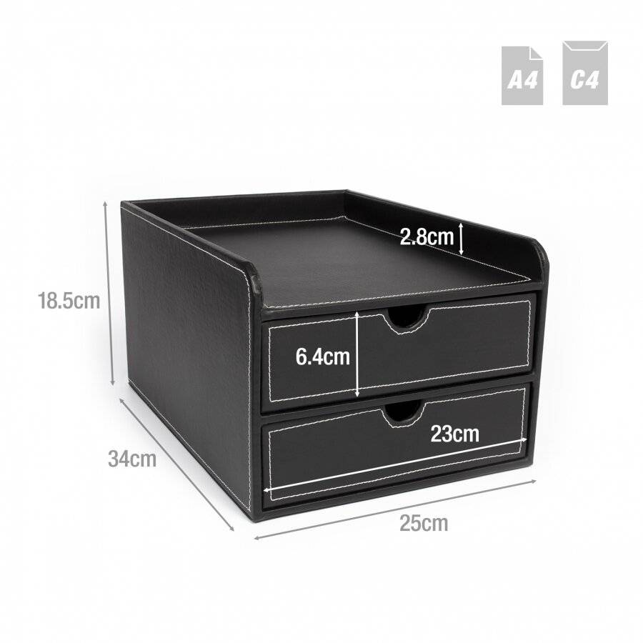 EHC 2 Drawer Faux Leather A4 Stationery Storage Organizer Unit - Black