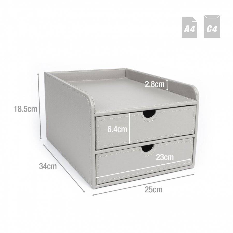 EHC 2 Drawer Faux Leather A4 Stationery Storage Organizer Unit - Grey