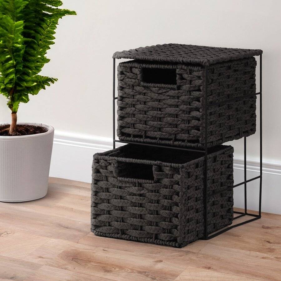 EHC 2-Drawer Woven Paper Rope Desktop Storage Organizer Unit, Black