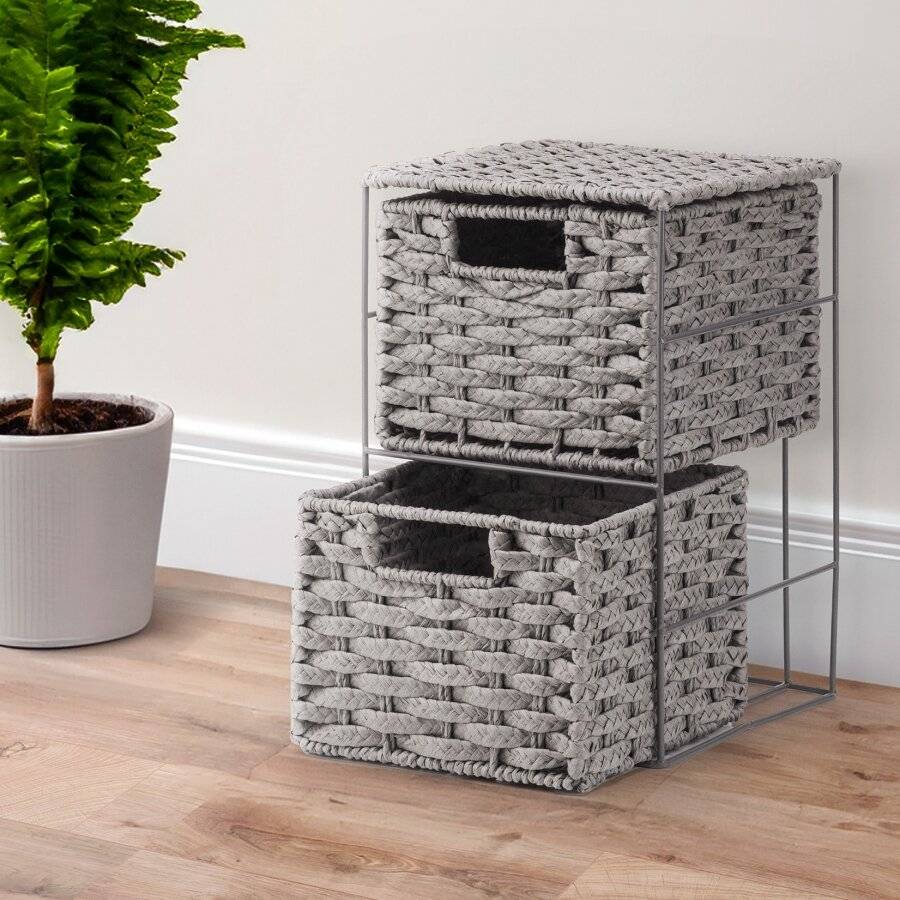 EHC 2-Drawer Woven Paper Rope Desktop Storage Organizer Unit, Grey