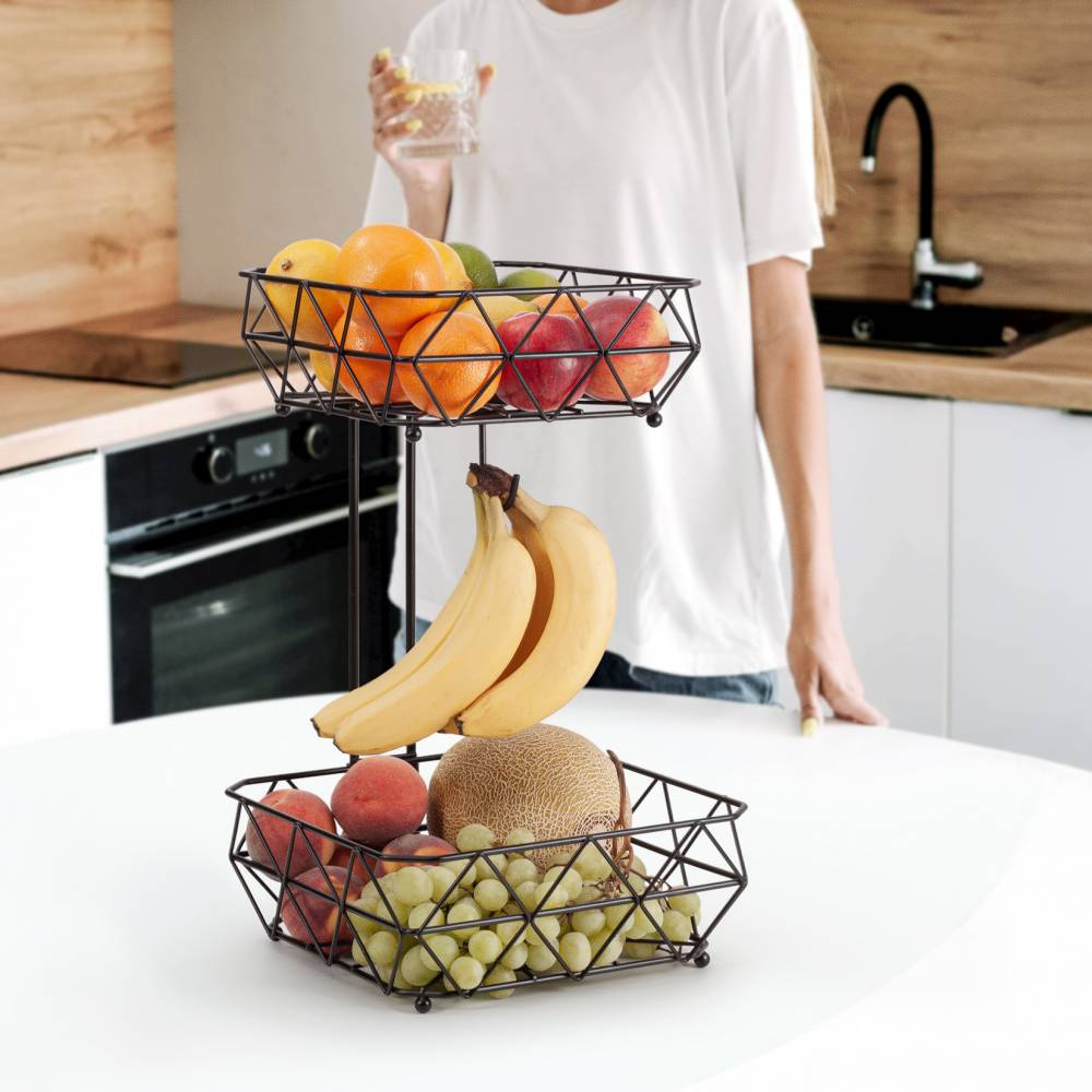 EHC 2 Tier Fruit & Vegetable Storage Basket Stand for Kitchen - Black