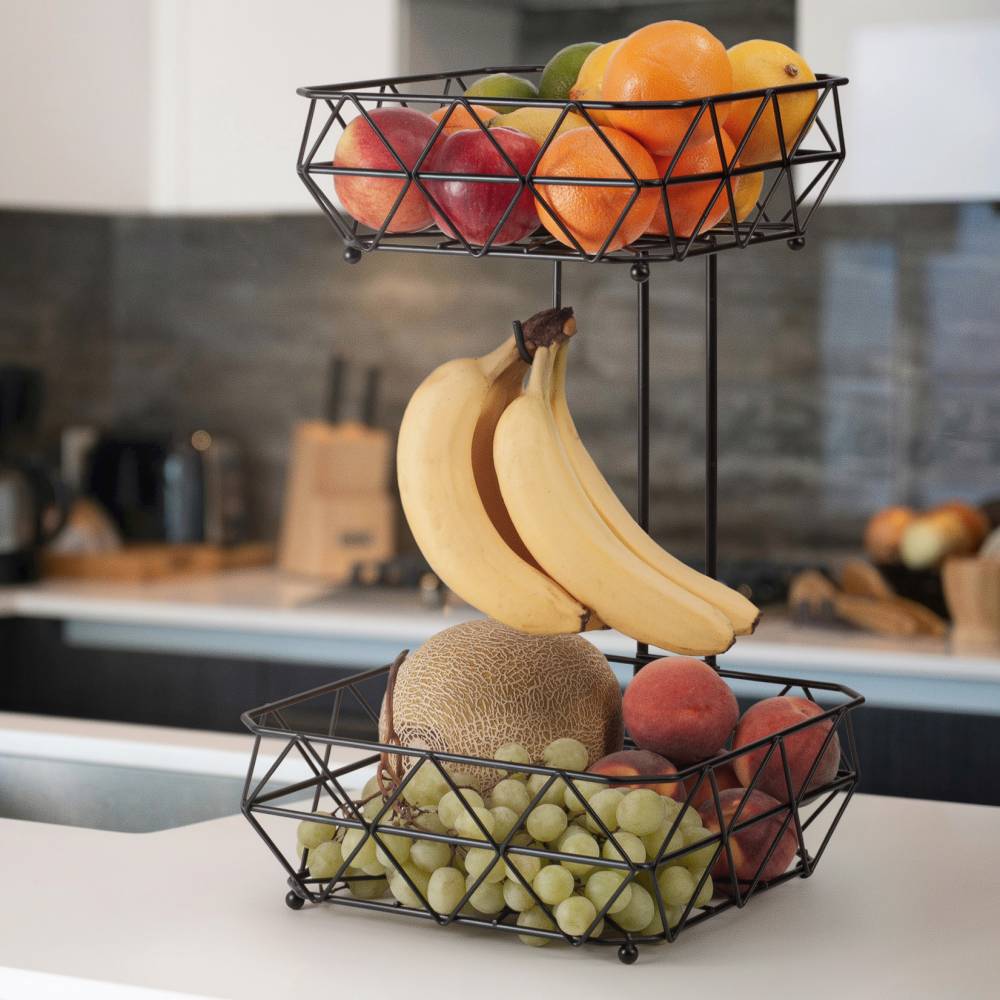 EHC 2 Tier Fruit & Vegetable Storage Basket Stand for Kitchen - Black