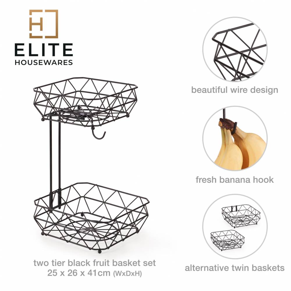 EHC 2 Tier Fruit & Vegetable Storage Basket Stand for Kitchen - Black