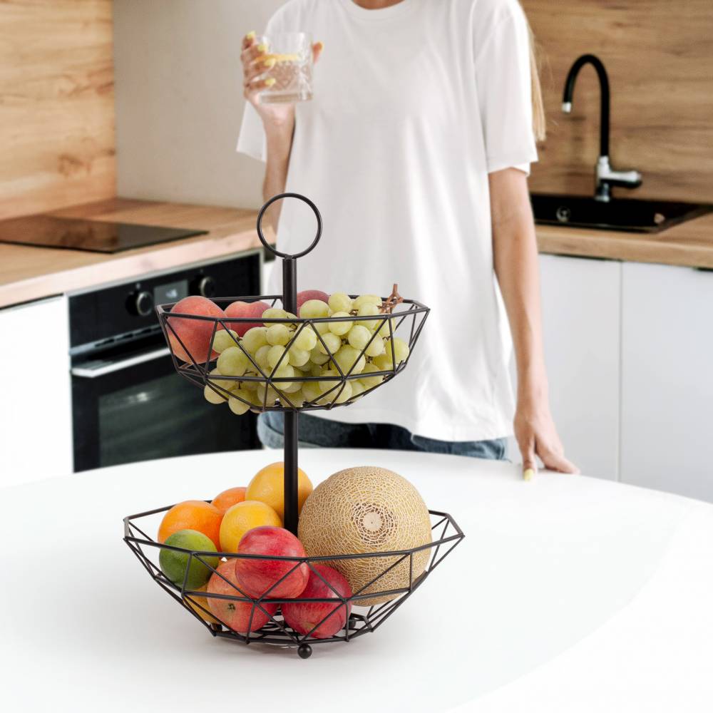 EHC 2 Tier Fruit & Vegetable Storage Basket Stand for Kitchen - Black
