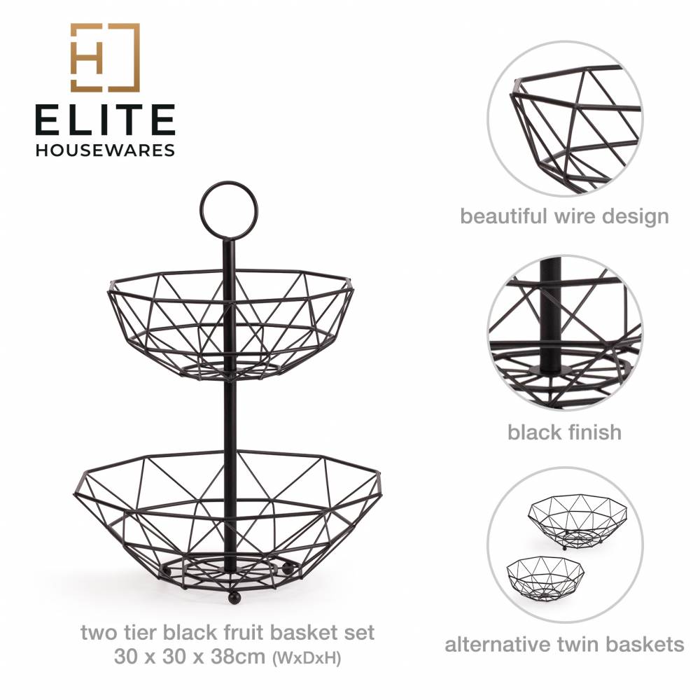 EHC 2 Tier Fruit & Vegetable Storage Basket Stand for Kitchen - Black