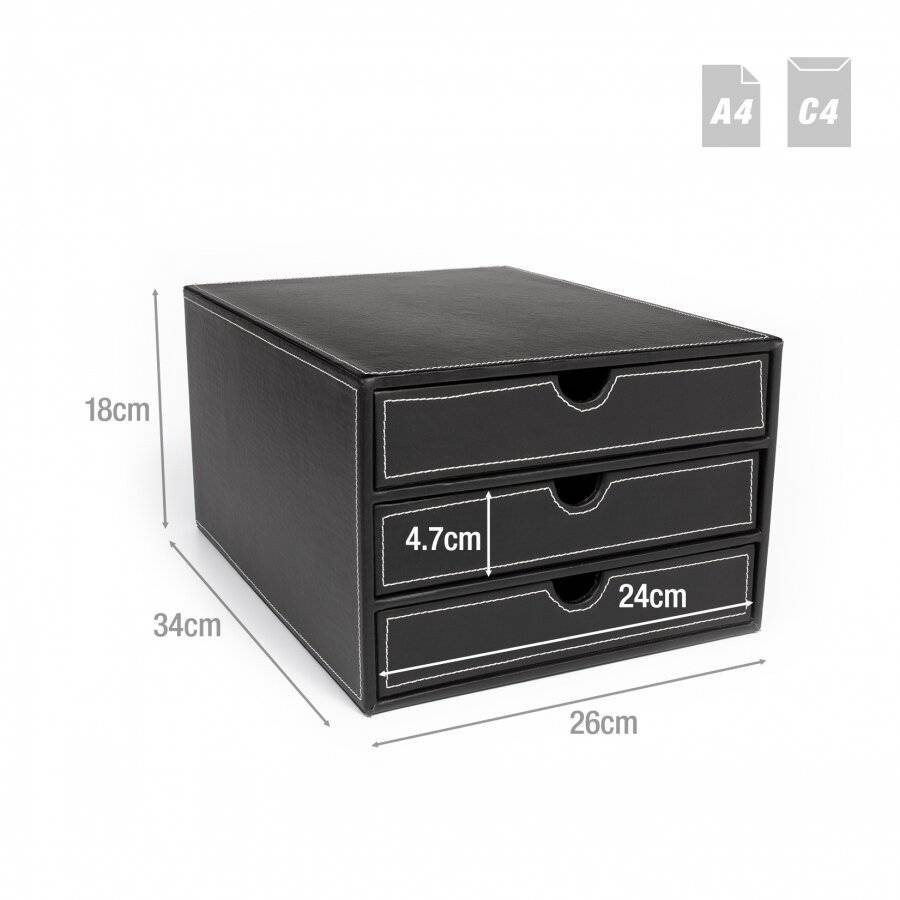 EHC 3 Drawer Faux Leather A4  Stationery Storage Organizer - Black