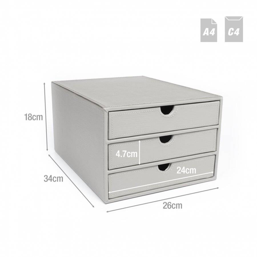 EHC 3 Drawer Faux Leather A4  Stationery Storage Organizer - Grey