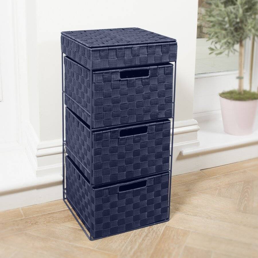 EHC 3 Drawer Woven Storage Cabinet With Flip Top Lid Storage Navy Blue