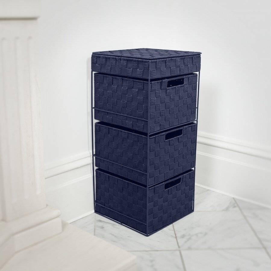 EHC 3 Drawer Woven Storage Cabinet With Flip Top Lid Storage Navy Blue