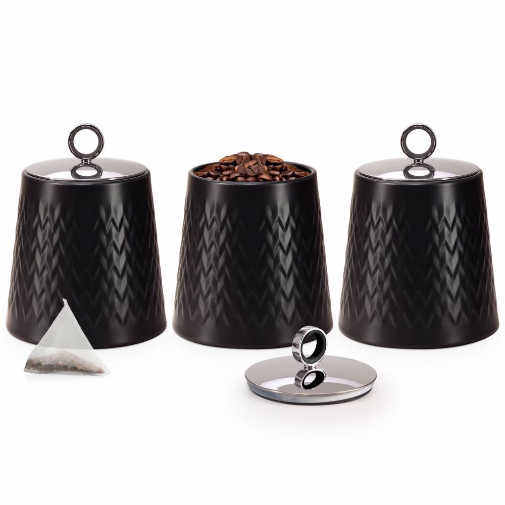 EHC 3 x Chevron Pattern Airtight Food Storage Canisters Set, Black