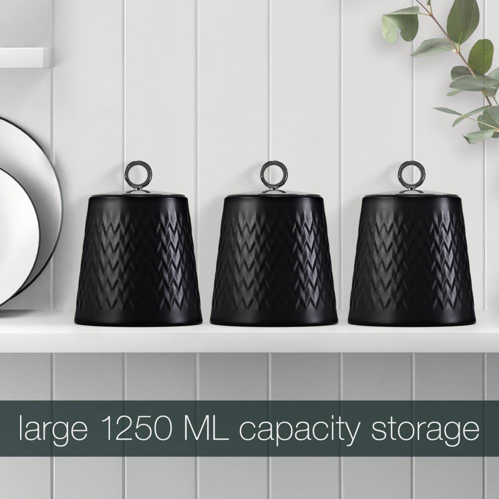 EHC 3 x Chevron Pattern Airtight Food Storage Canisters Set, Black