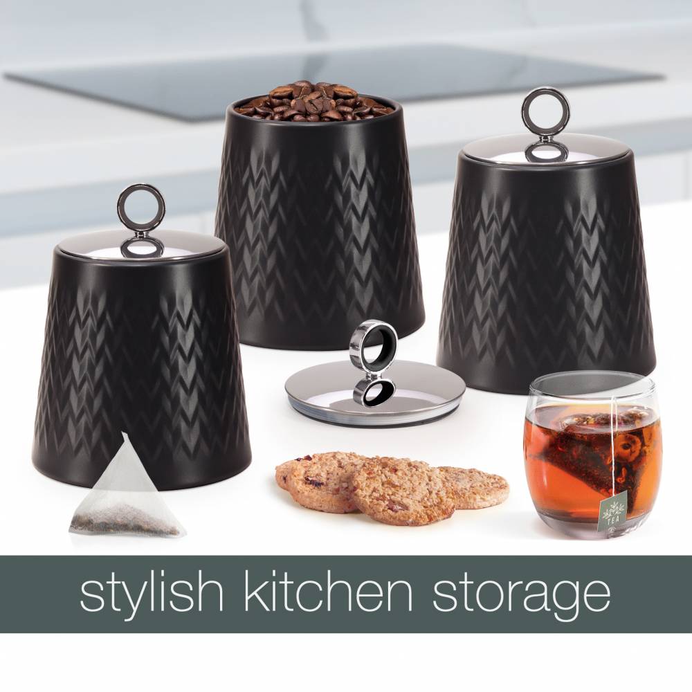 EHC 3 x Chevron Pattern Airtight Food Storage Canisters Set, Black