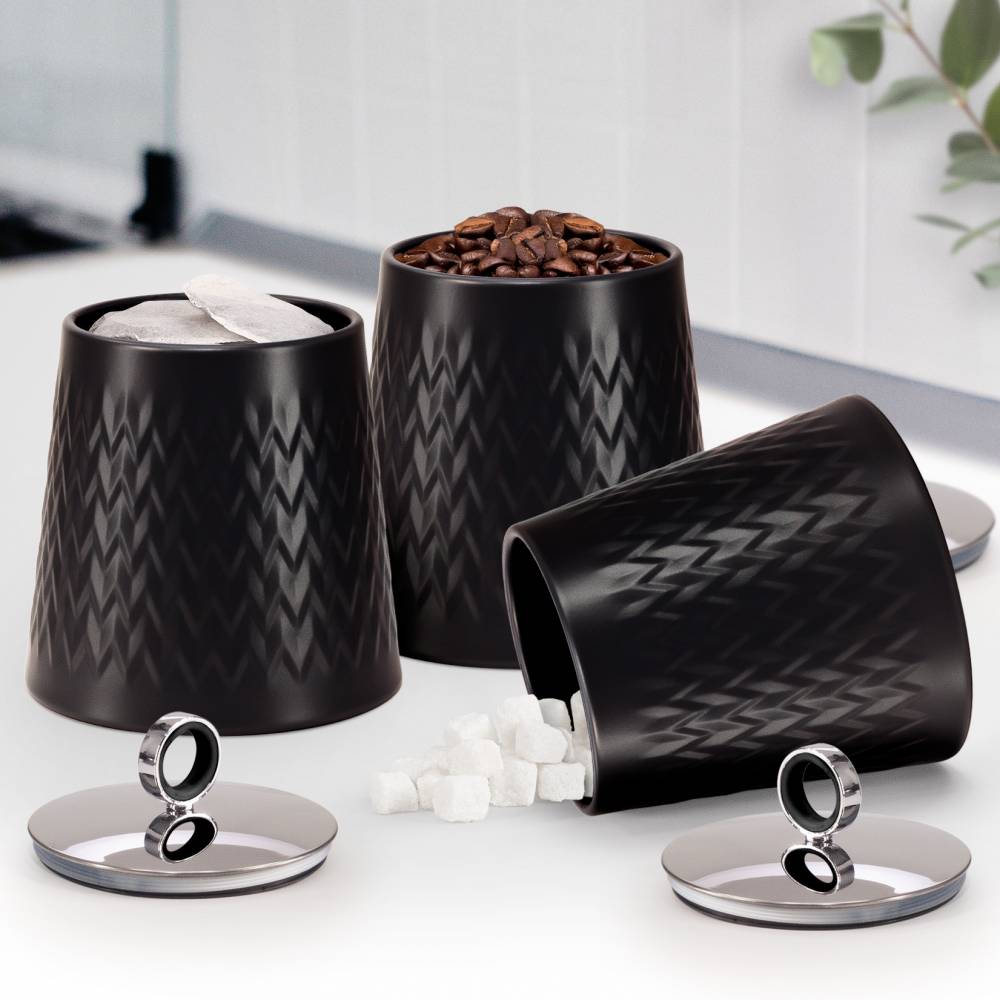 EHC 3 x Chevron Pattern Airtight Food Storage Canisters Set, Black