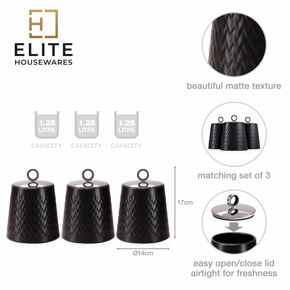 EHC 3 x Chevron Pattern Airtight Food Storage Canisters Set, Black
