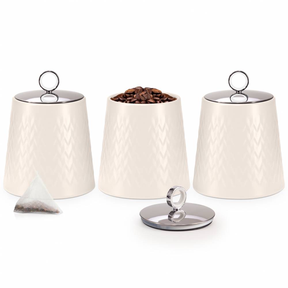 EHC 3 x Chevron Pattern Airtight Food Storage Canisters Set, Cream