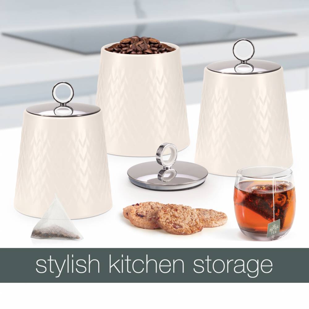 EHC 3 x Chevron Pattern Airtight Food Storage Canisters Set, Cream