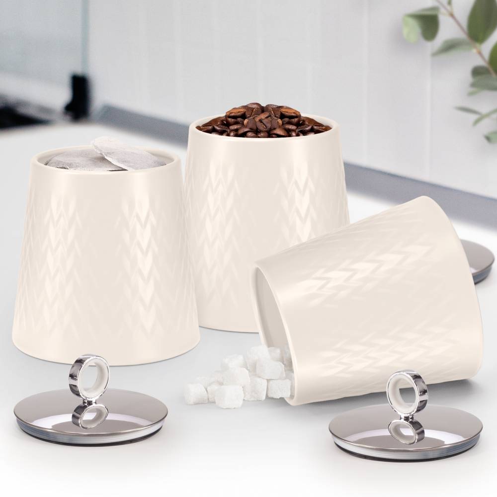 EHC 3 x Chevron Pattern Airtight Food Storage Canisters Set, Cream