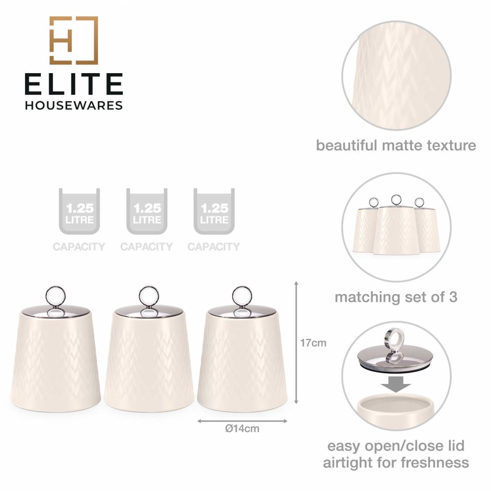 EHC 3 x Chevron Pattern Airtight Food Storage Canisters Set, Cream