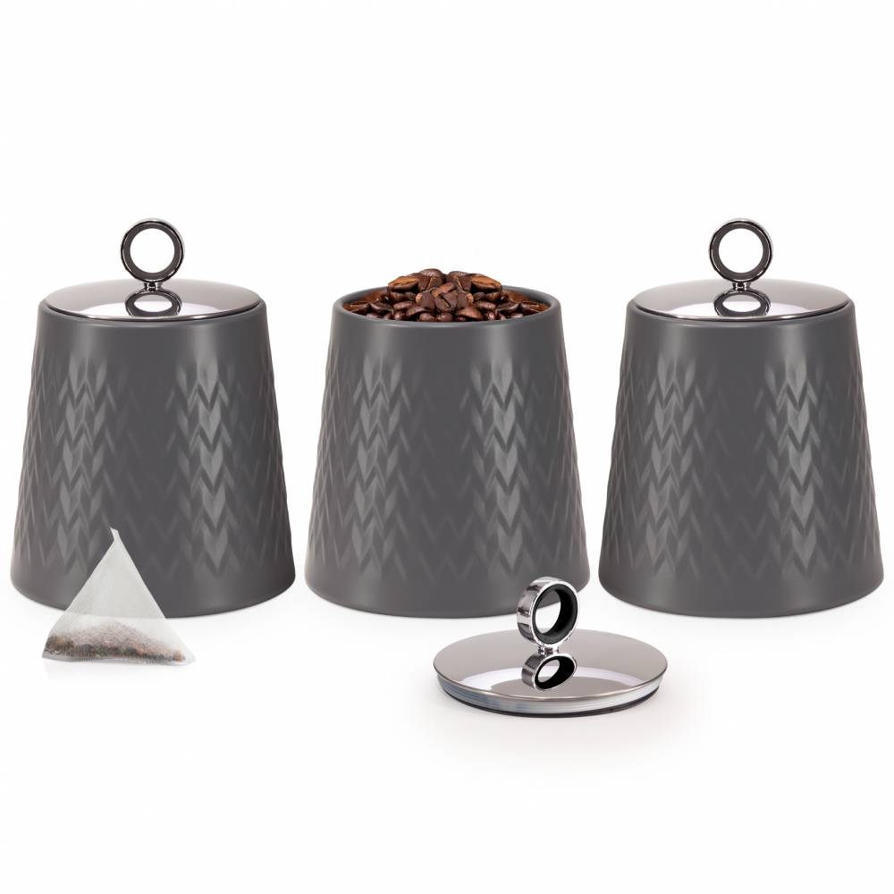 EHC 3 x Chevron Pattern Airtight Food Storage Canisters Set, Grey