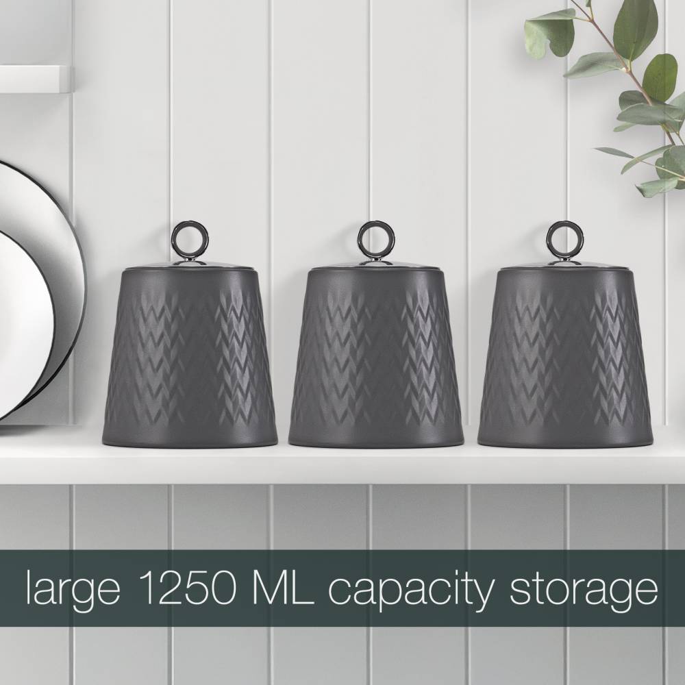 EHC 3 x Chevron Pattern Airtight Food Storage Canisters Set, Grey