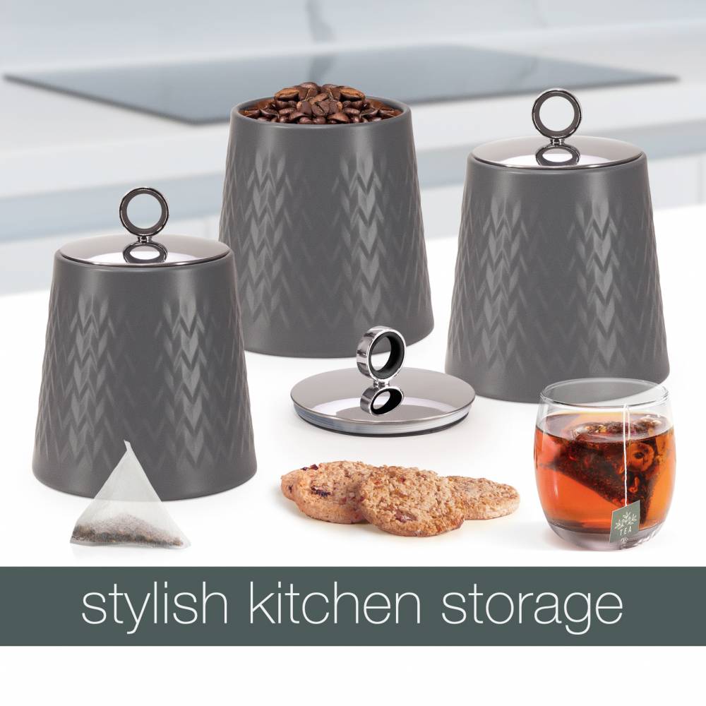 EHC 3 x Chevron Pattern Airtight Food Storage Canisters Set, Grey