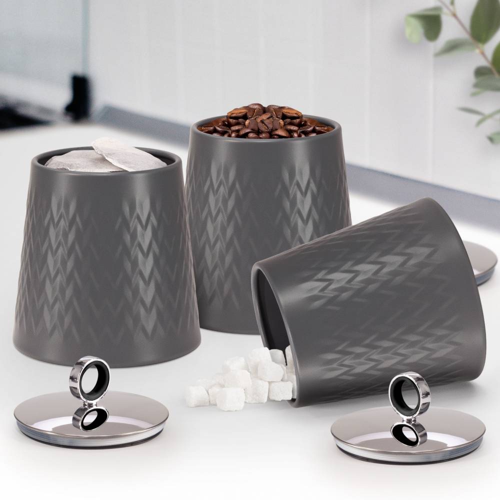 EHC 3 x Chevron Pattern Airtight Food Storage Canisters Set, Grey