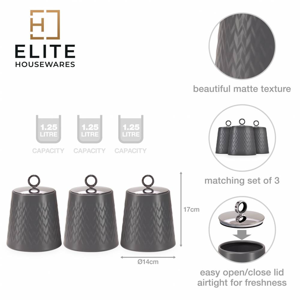 EHC 3 x Chevron Pattern Airtight Food Storage Canisters Set, Grey