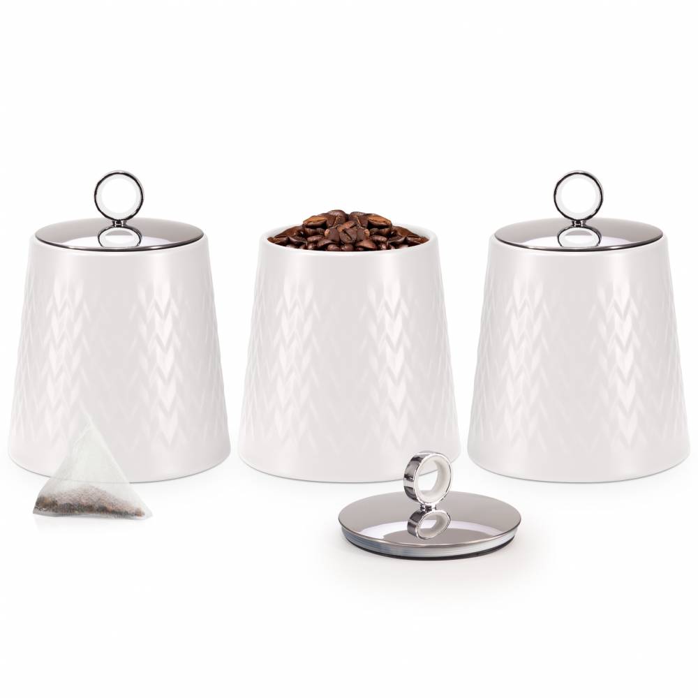 EHC 3 x Chevron Pattern Airtight Food Storage Canisters Set, White