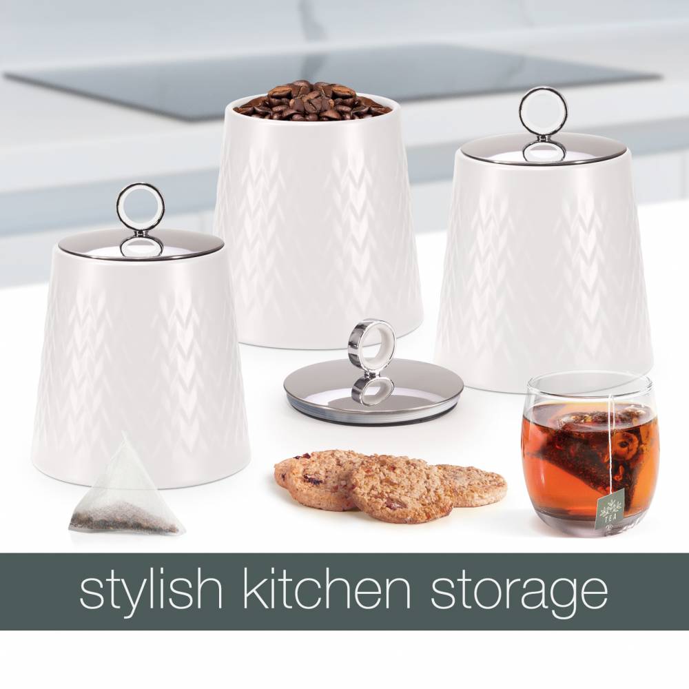 EHC 3 x Chevron Pattern Airtight Food Storage Canisters Set, White