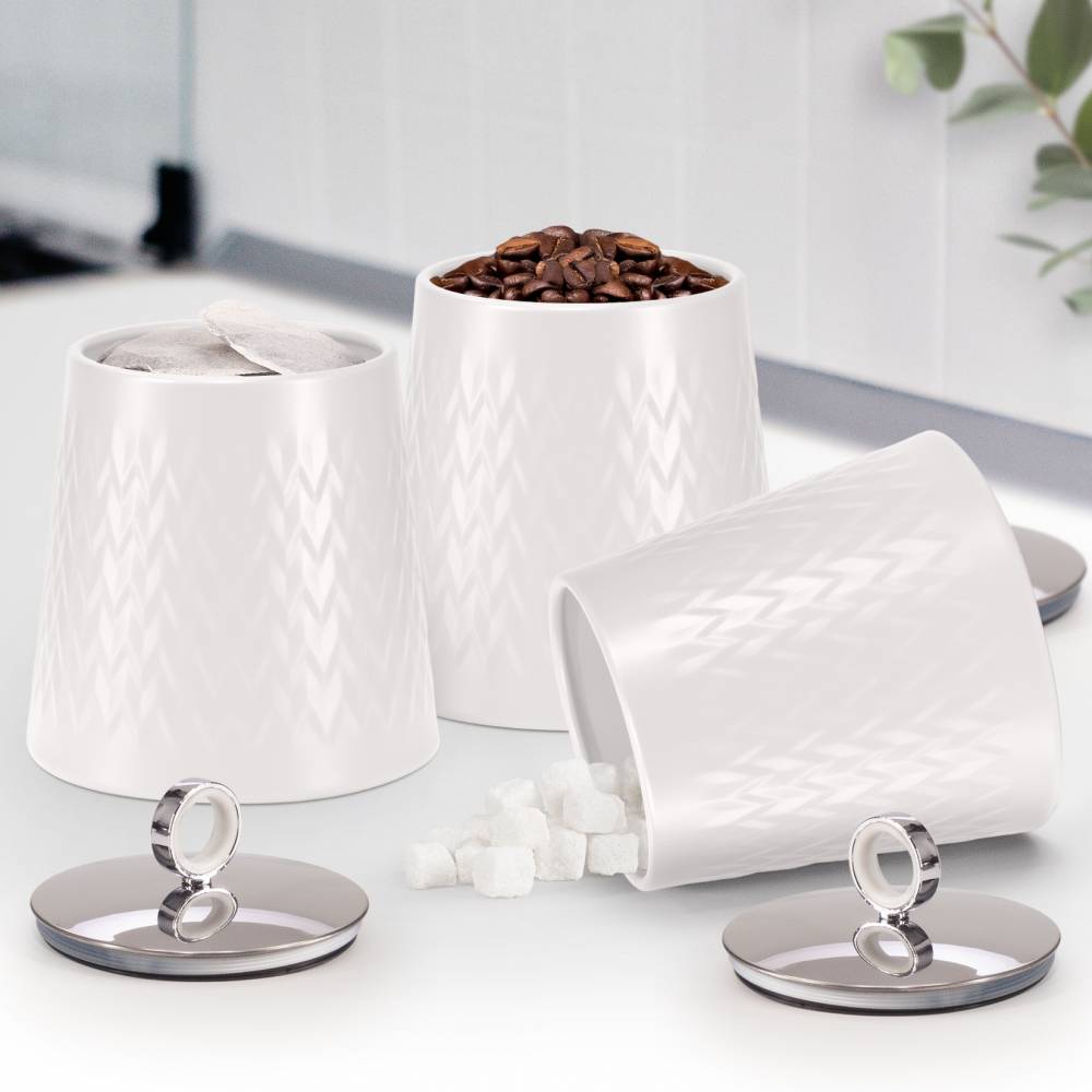 EHC 3 x Chevron Pattern Airtight Food Storage Canisters Set, White