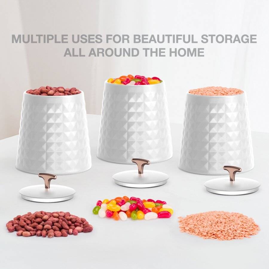 EHC 3 x Diamond Pattern Airtight Food Storage Canisters Set, White