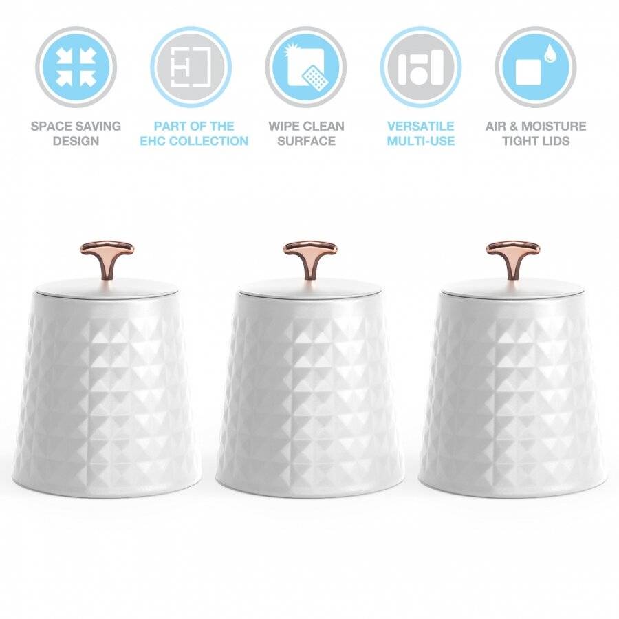 EHC 3 x Diamond Pattern Airtight Food Storage Canisters Set, White