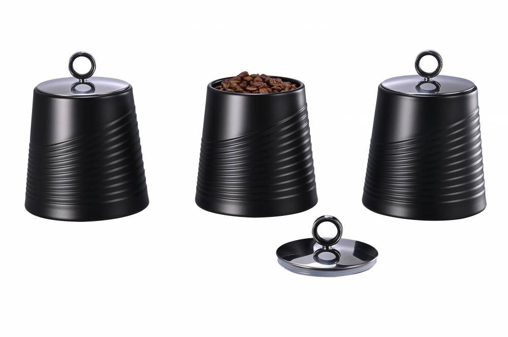 EHC 3 x Wave Pattern Airtight Food Storage Canisters Set, Black