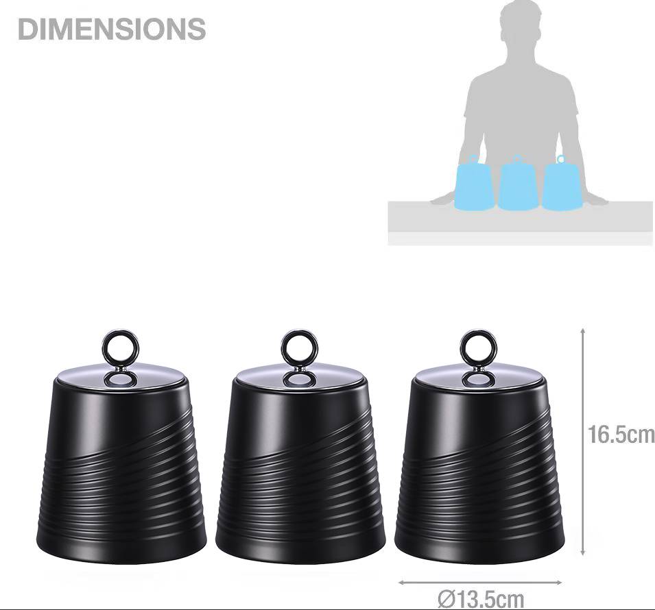 EHC 3 x Wave Pattern Airtight Food Storage Canisters Set, Black