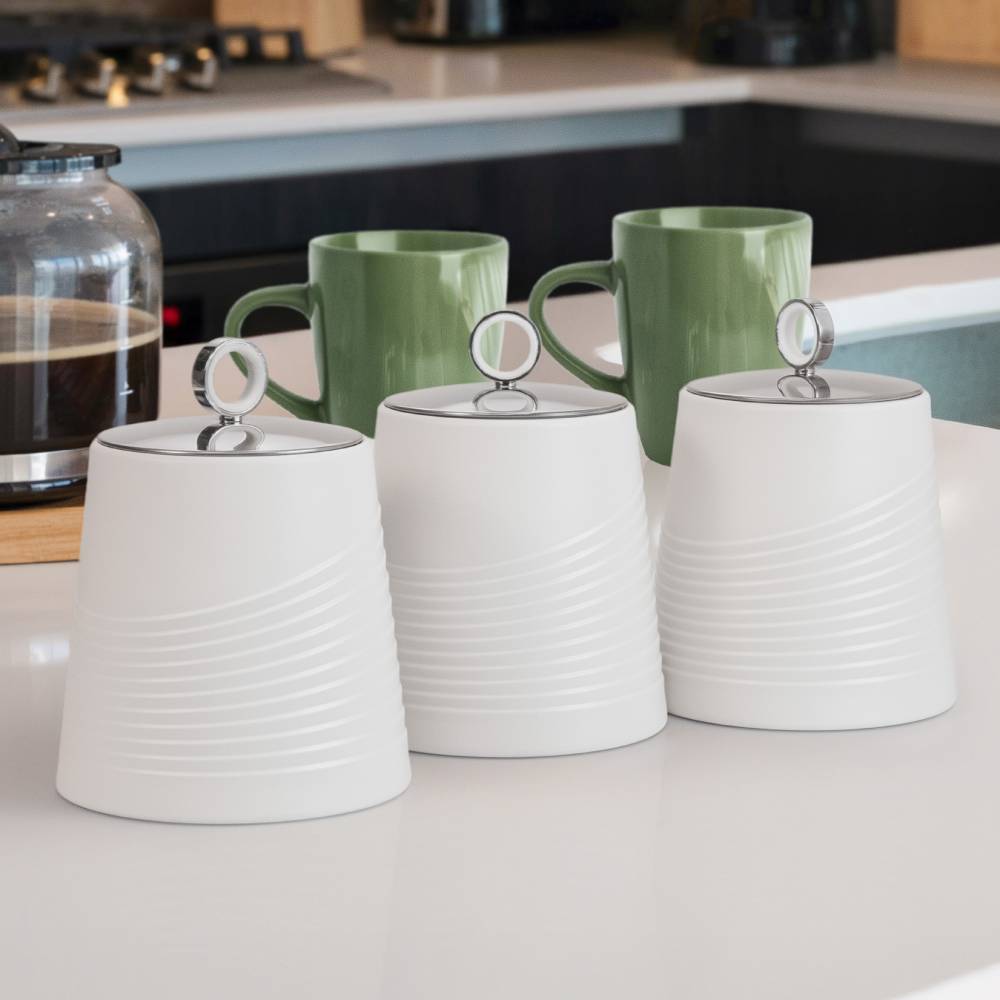 EHC 3 x Wave Pattern Airtight Food Storage Canisters Set, White