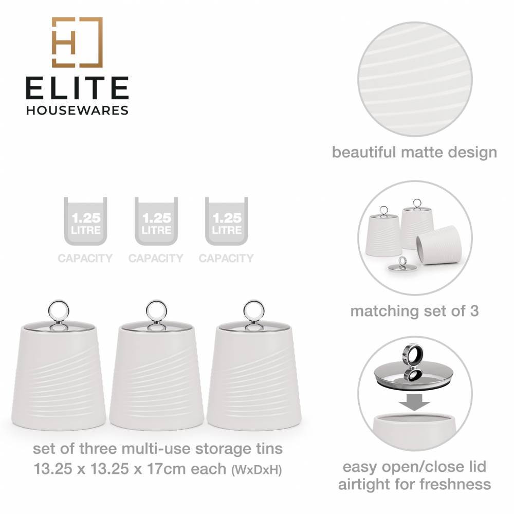 EHC 3 x Wave Pattern Airtight Food Storage Canisters Set, White